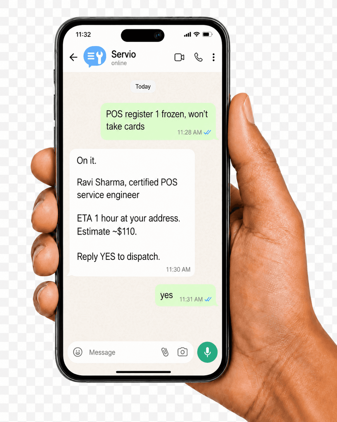 Servio SMS conversation: store owner texts about a frozen POS register, Servio dispatches a certified technician within the hour